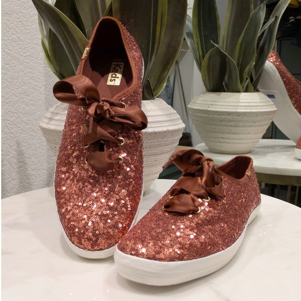 Keds Champion Sequin Sneakers Women's 9.5 Rose Gold Copper Ribbon Low Top Shoe